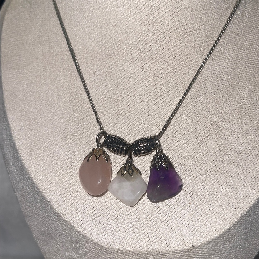 Pink and White Necklace with Organic Stone Pendants